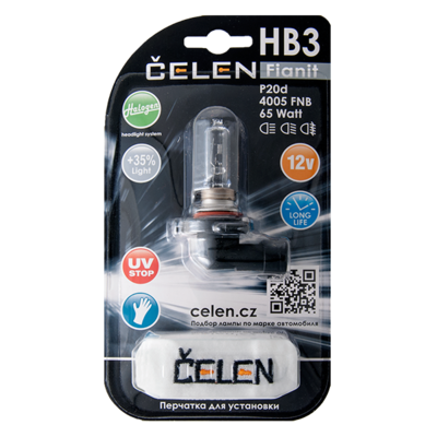 Галогенная лампа CELEN HB3 4005 FNB 12V 65W Halogen Fianit (прозрачная) + 35% Long life, UV-stop, + перчатка