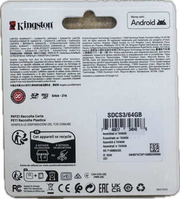 Карта памяти Kingston MicroSDXC 64 Gb class SDCS3/64GB 100Mb/s